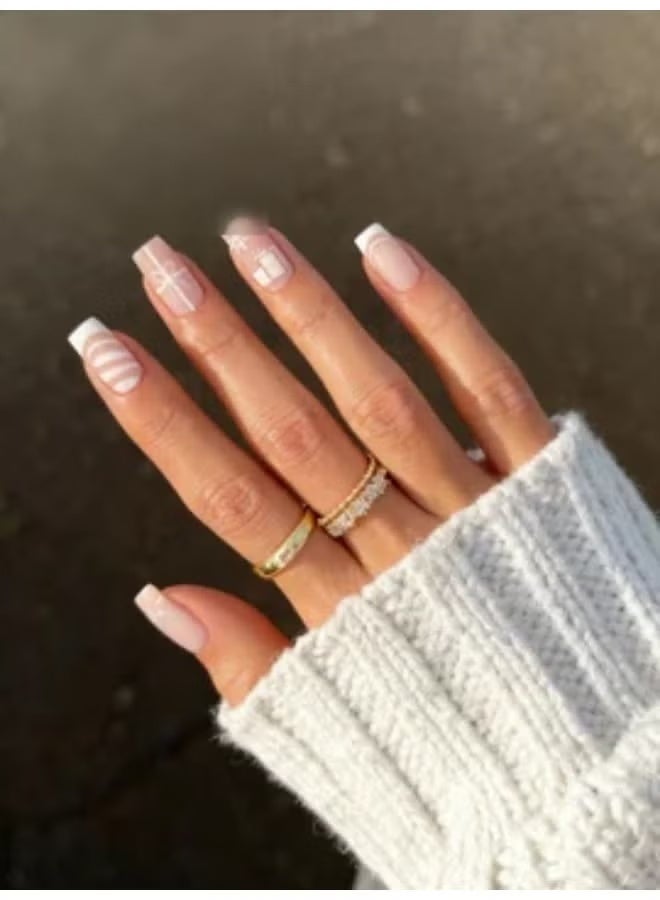 HTKCRX Christmas Gift Style French Press On Nails with White Lines & Snowflake Patterns Glossy Finish Natural Fit Eco-Friendly ABS Material One-Minute Salon Result Reusable Nail Art Set - Image 5